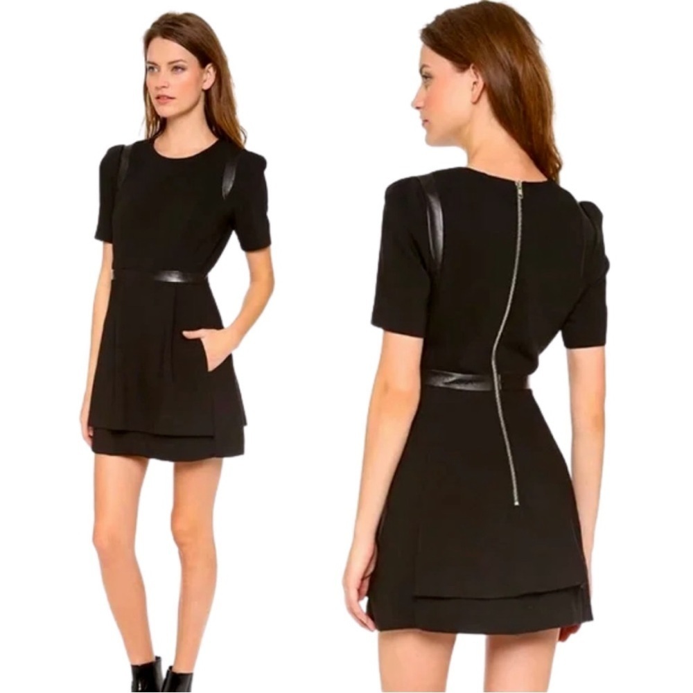 Milly Wool Black Leather Mini Dress Romper Pockets Exposed Zipper Short Sleeve 4